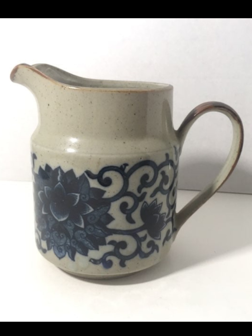 Small Stoneware Floral Pitcher Blue & Gray Glaze Stone. Great Condition!